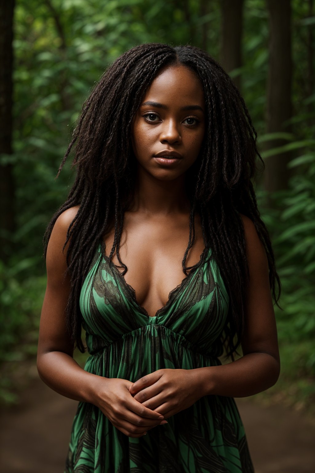 woman with enticing allure in flowy bohemian dress  in a serene forest setting