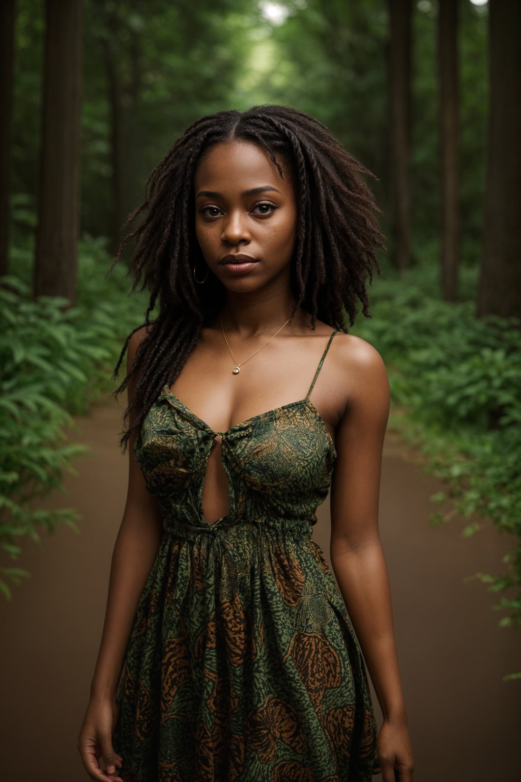 woman with enticing allure in flowy bohemian dress  in a serene forest setting