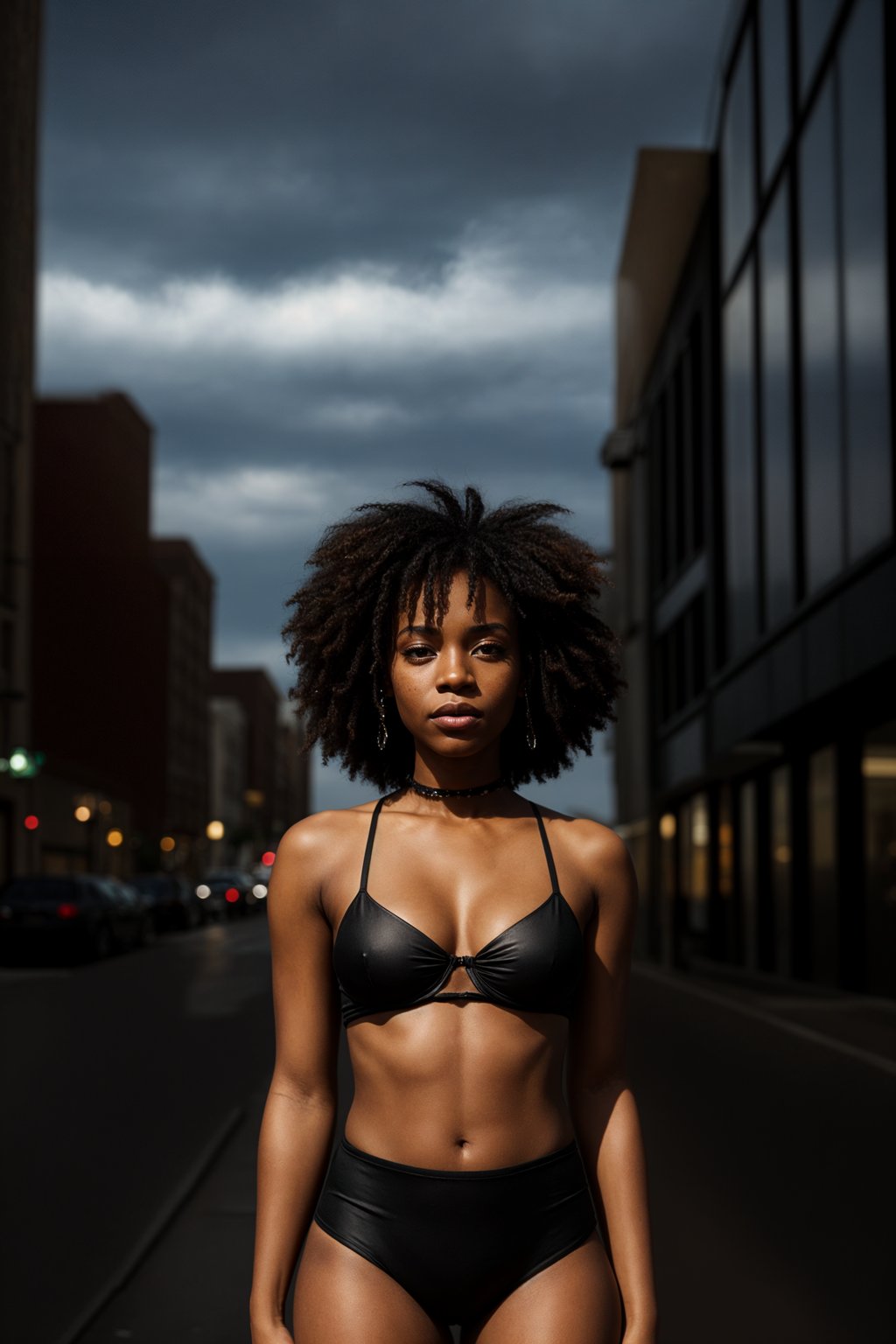 woman in daring, edgy ensemble  against an edgy urban backdrop