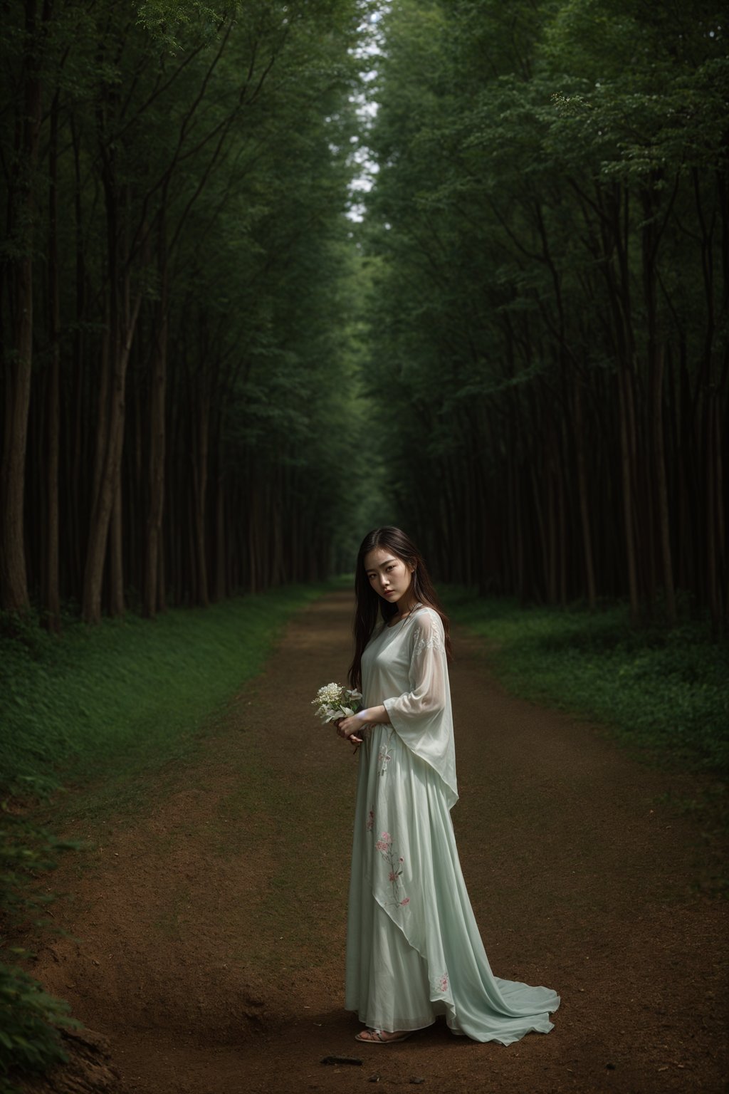 woman with enticing allure in flowy bohemian dress  in a serene forest setting