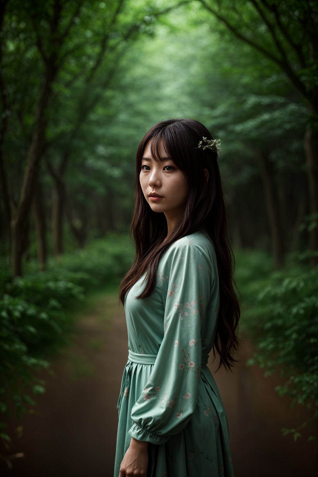 woman with enticing allure in flowy bohemian dress  in a serene forest setting