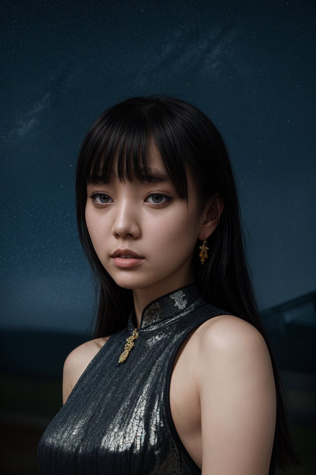 woman with magnetic appeal, adorned in sparkling jewelry , against a starry night backdrop