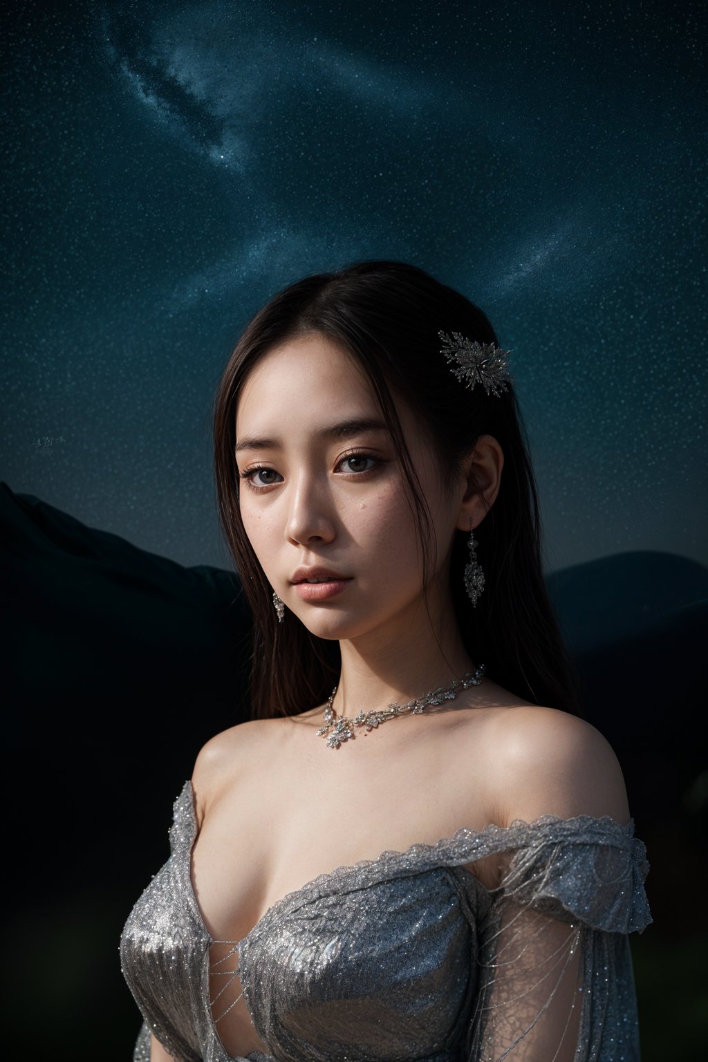 woman with magnetic appeal, adorned in sparkling jewelry , against a starry night backdrop