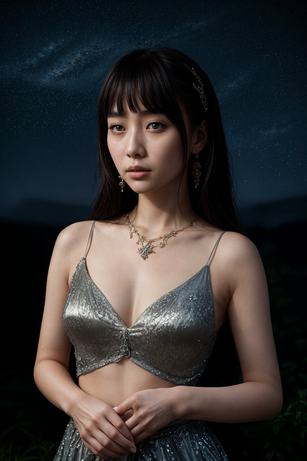 woman with magnetic appeal, adorned in sparkling jewelry , against a starry night backdrop