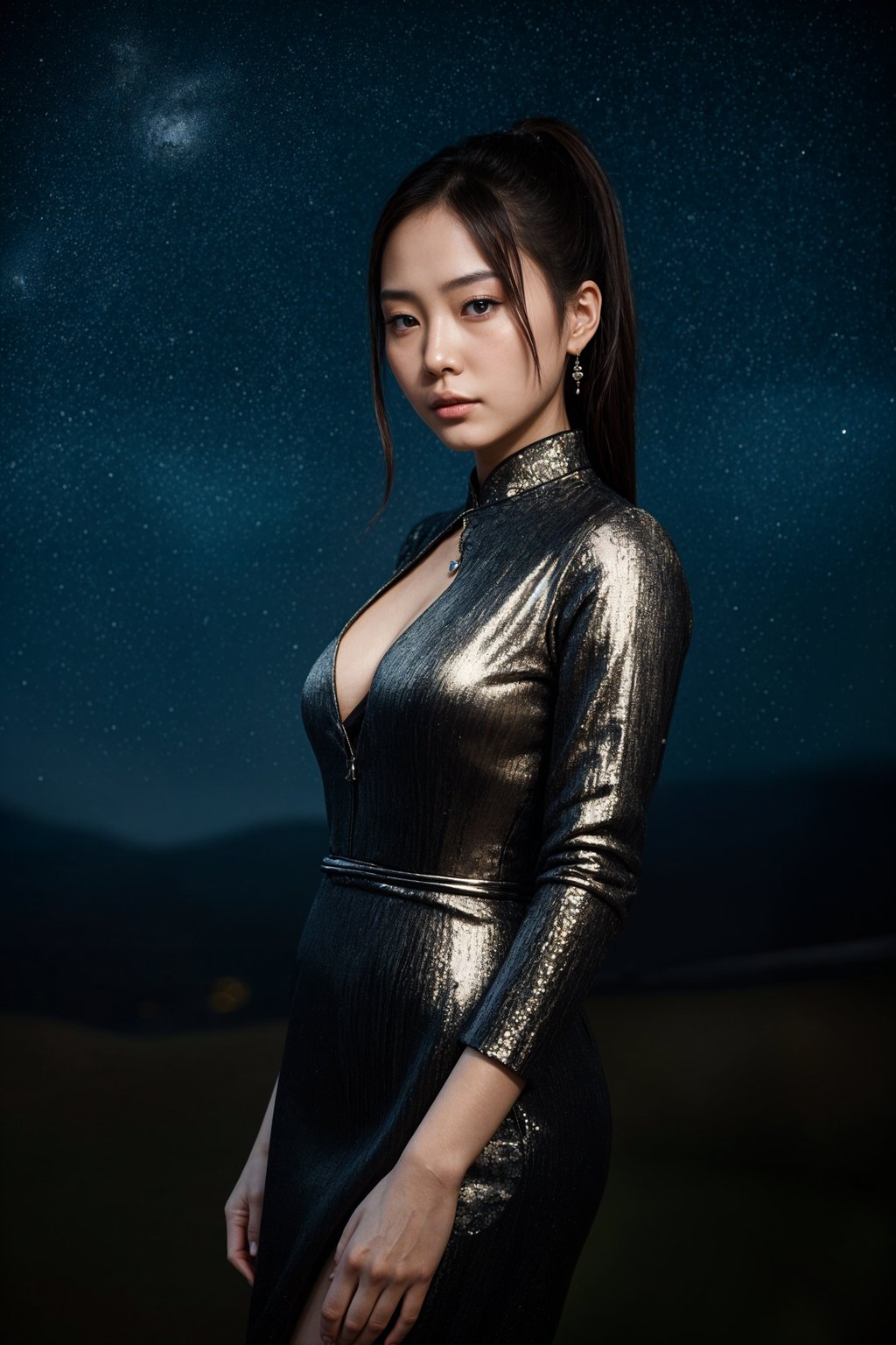 woman with magnetic appeal, adorned in sparkling jewelry , against a starry night backdrop