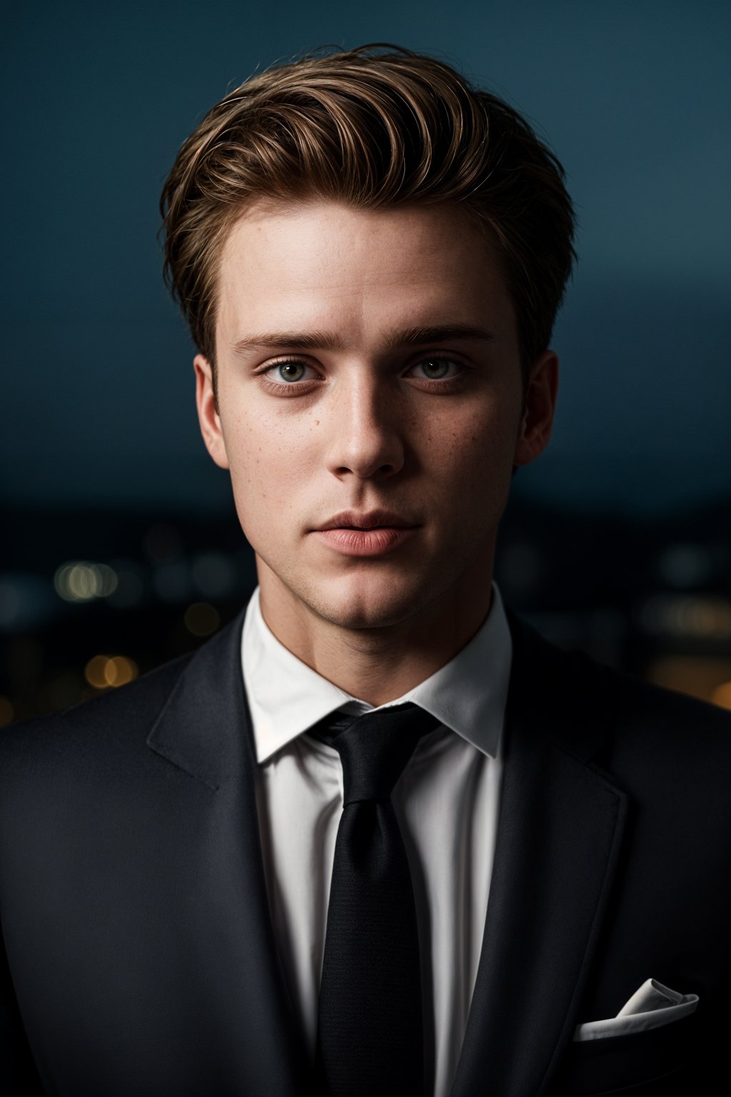man with enticing gaze, adorned with  sharp, stylish suit against a twilight backdrop