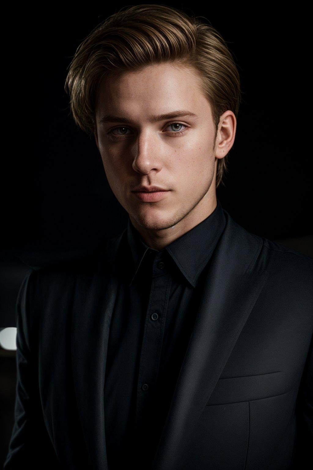 man with enticing gaze, adorned with  sharp, stylish suit against a twilight backdrop