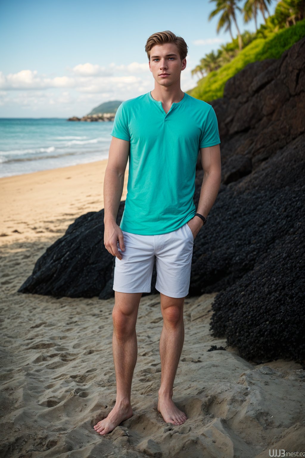 (full-body shot) of man in a  smart casual beach attire, posed against a vibrant beach setting