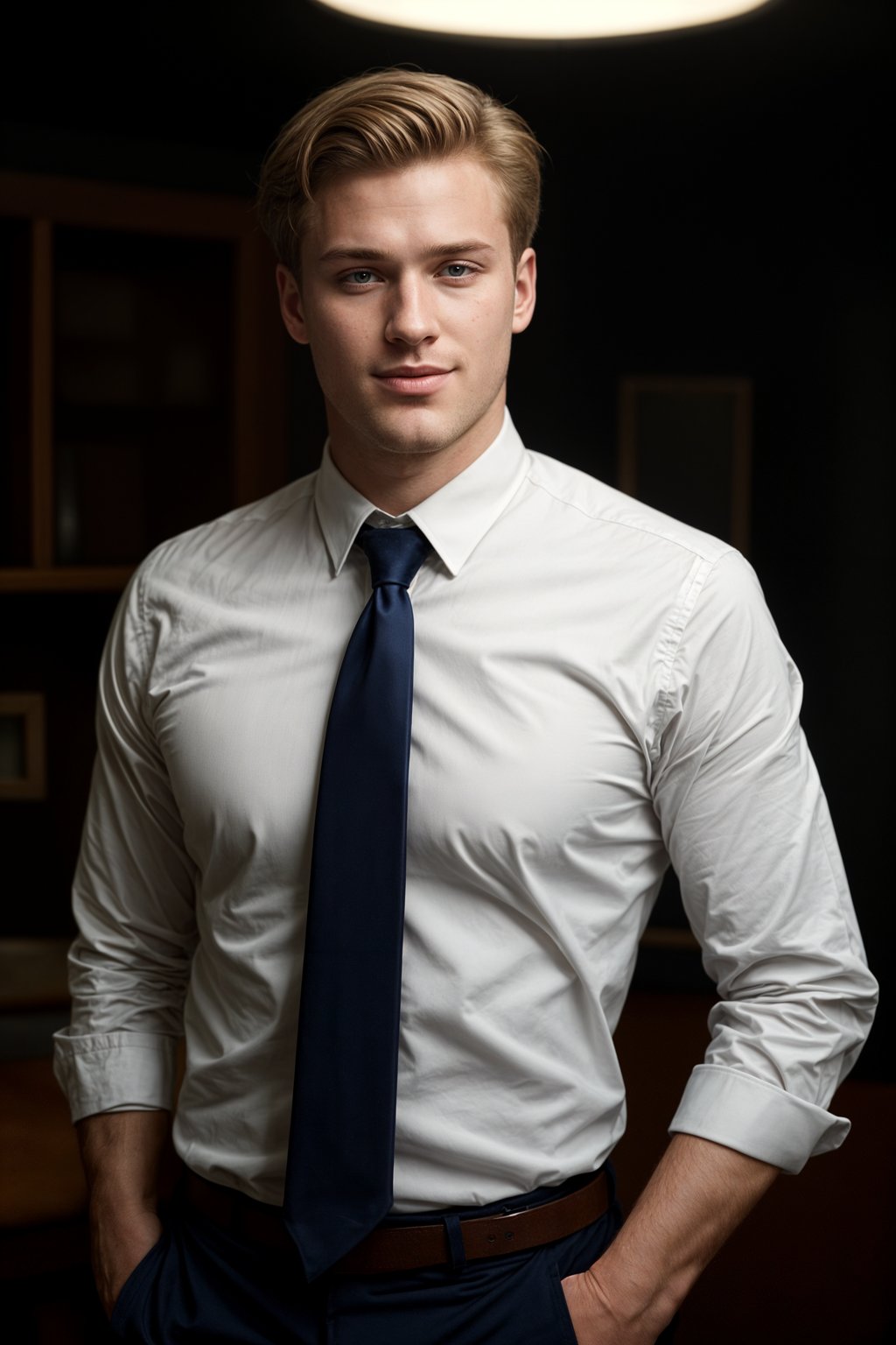 man with a seductive smile, donned in a  classy tie, under warm indoor lighting