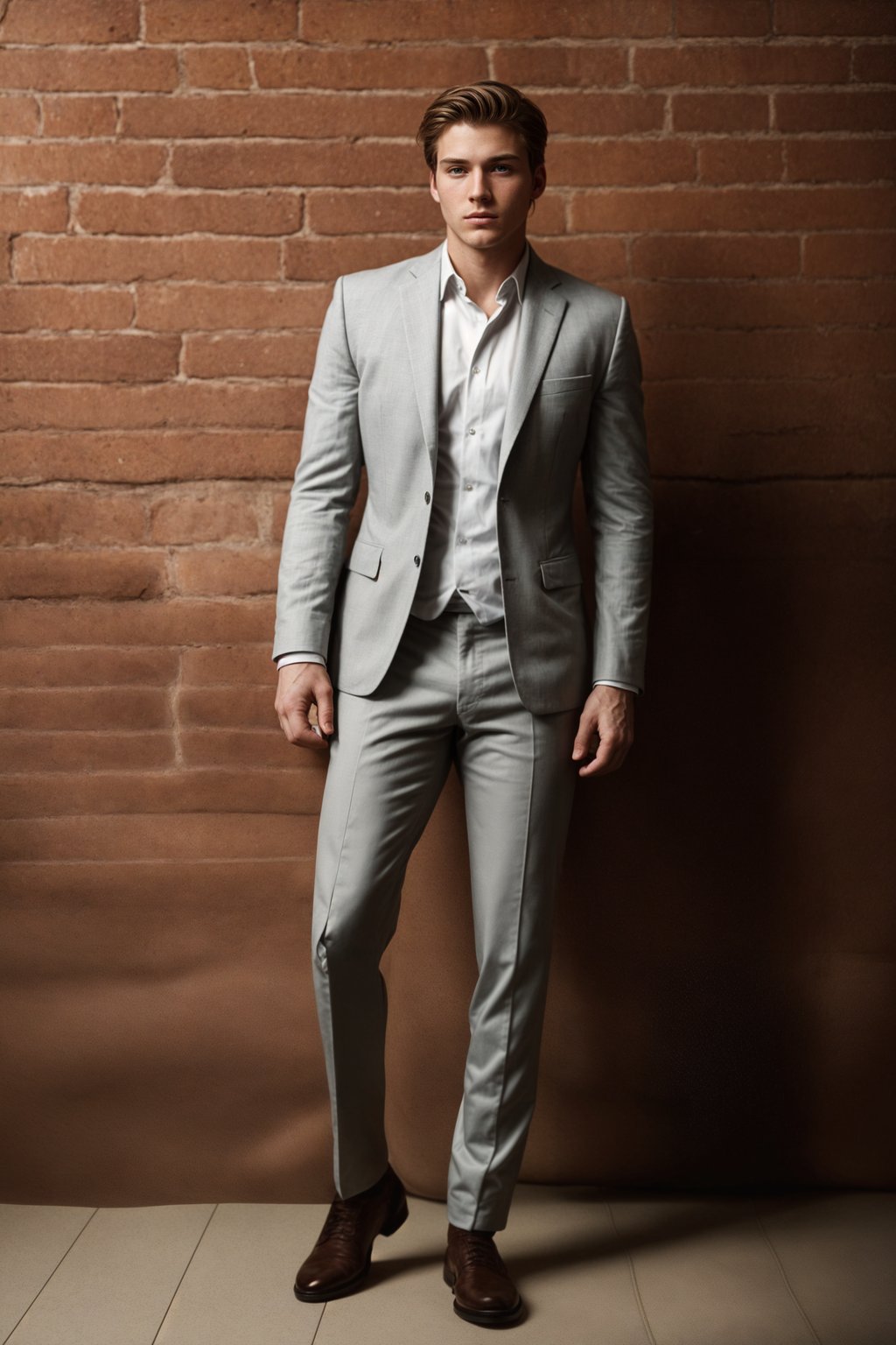 (full-body shot) of man in  sharp, tailored suit against a classic brick wall background