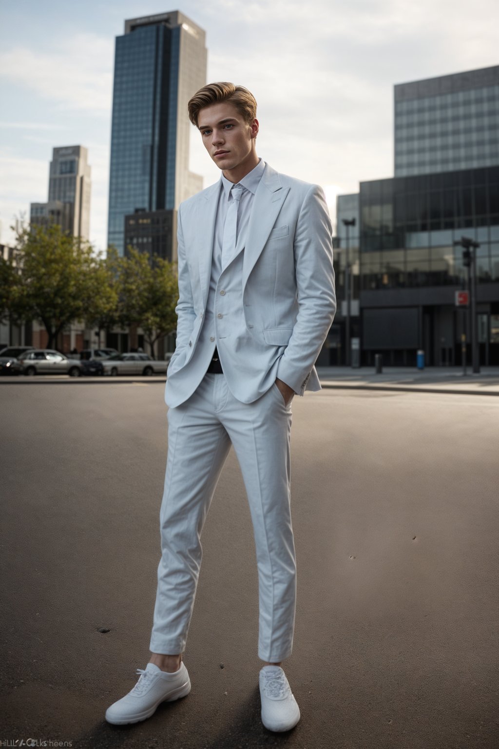 man in  modern, fashionable attire against an edgy urban backdrop