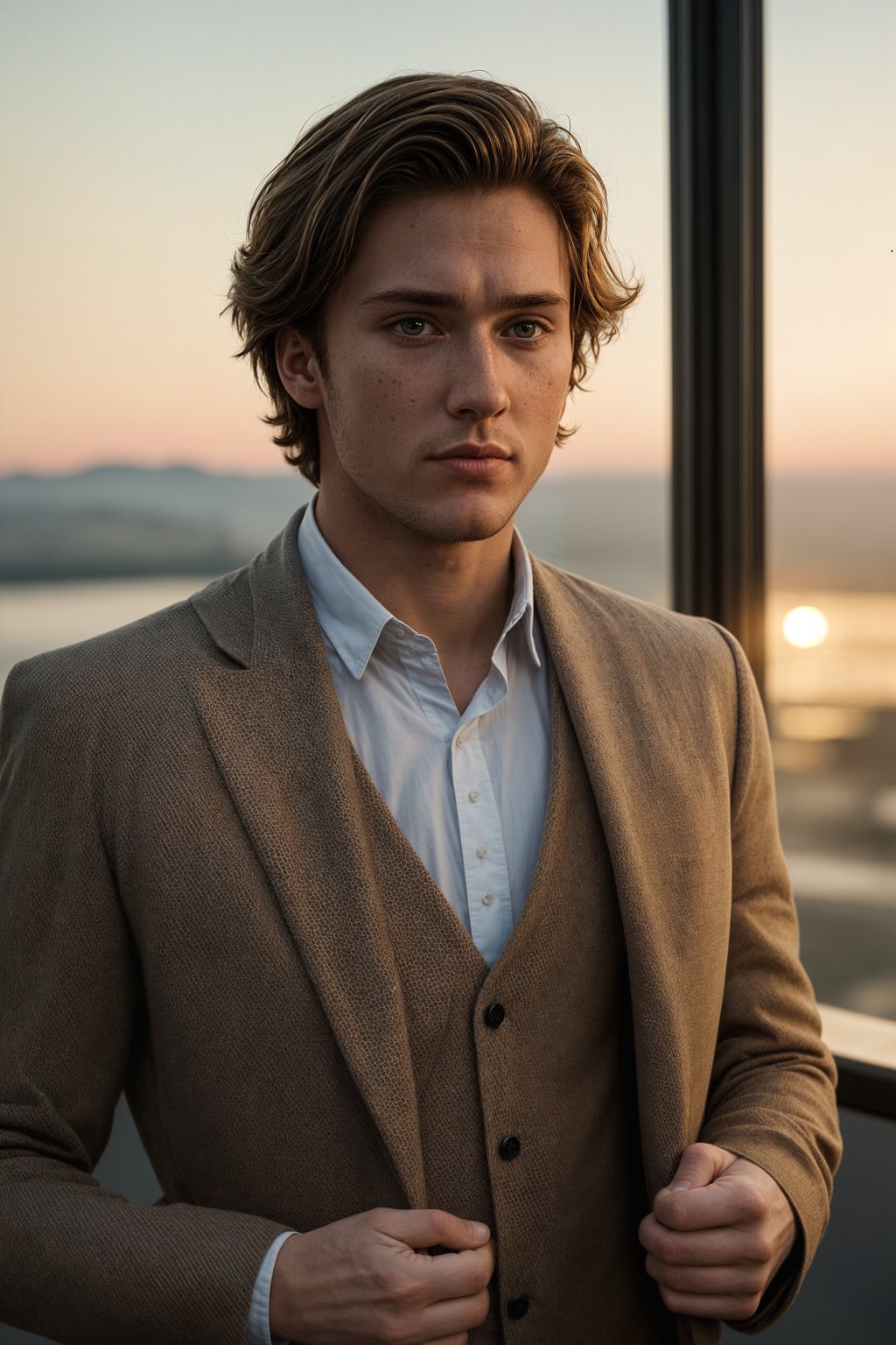 man in  dapper suit, radiating allure under the soft glow of a sunset