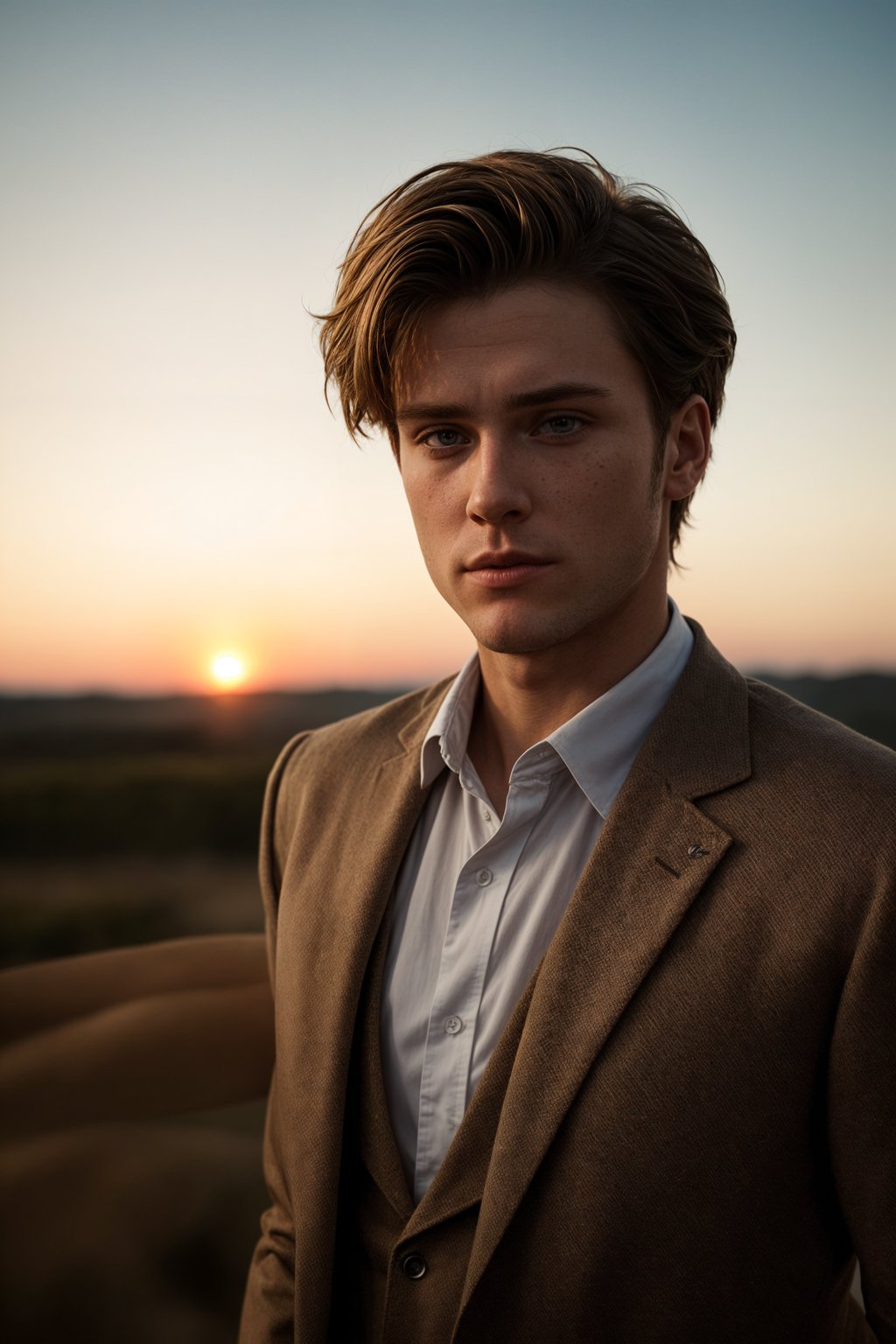 man in  dapper suit, radiating allure under the soft glow of a sunset