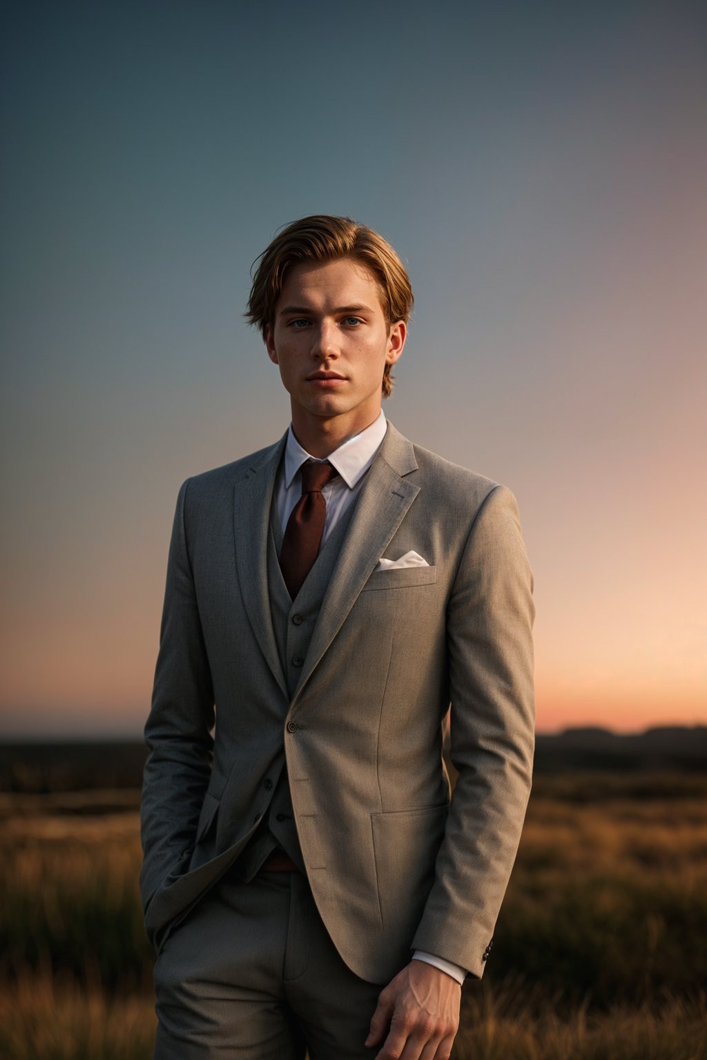 man in  dapper suit, radiating allure under the soft glow of a sunset