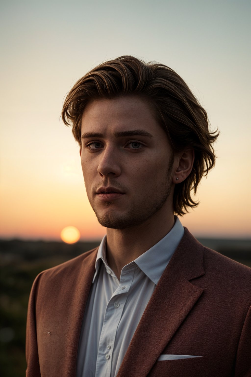 man in  dapper suit, radiating allure under the soft glow of a sunset