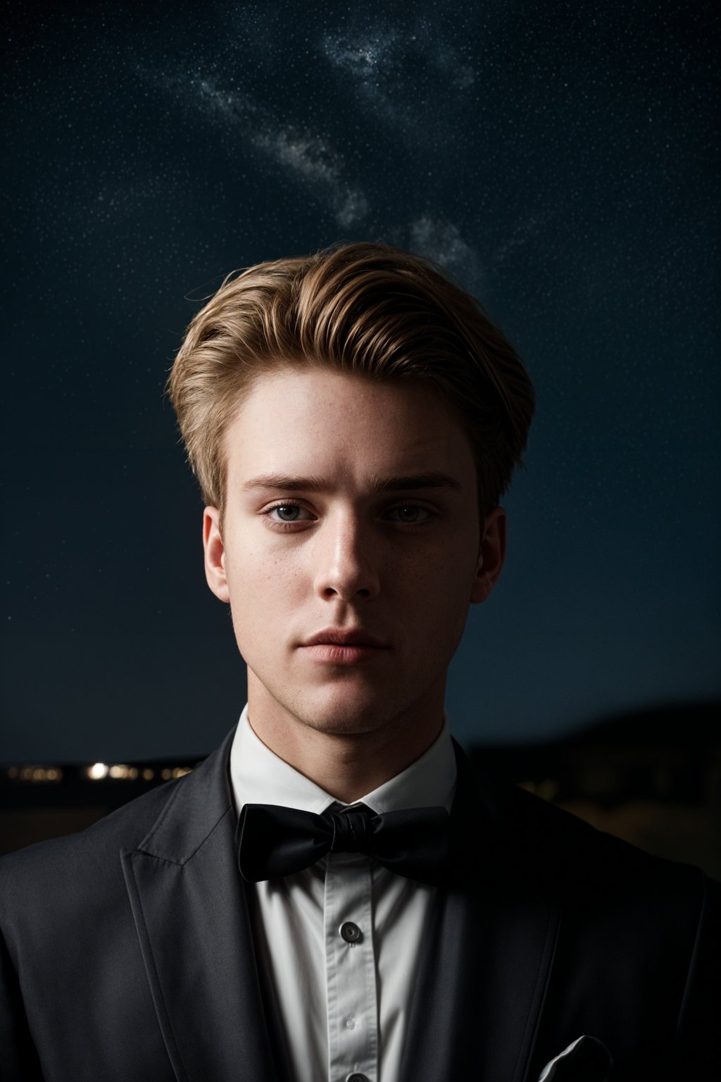 man with magnetic appeal, adorned in  luxurious cufflinks, against a starry night backdrop