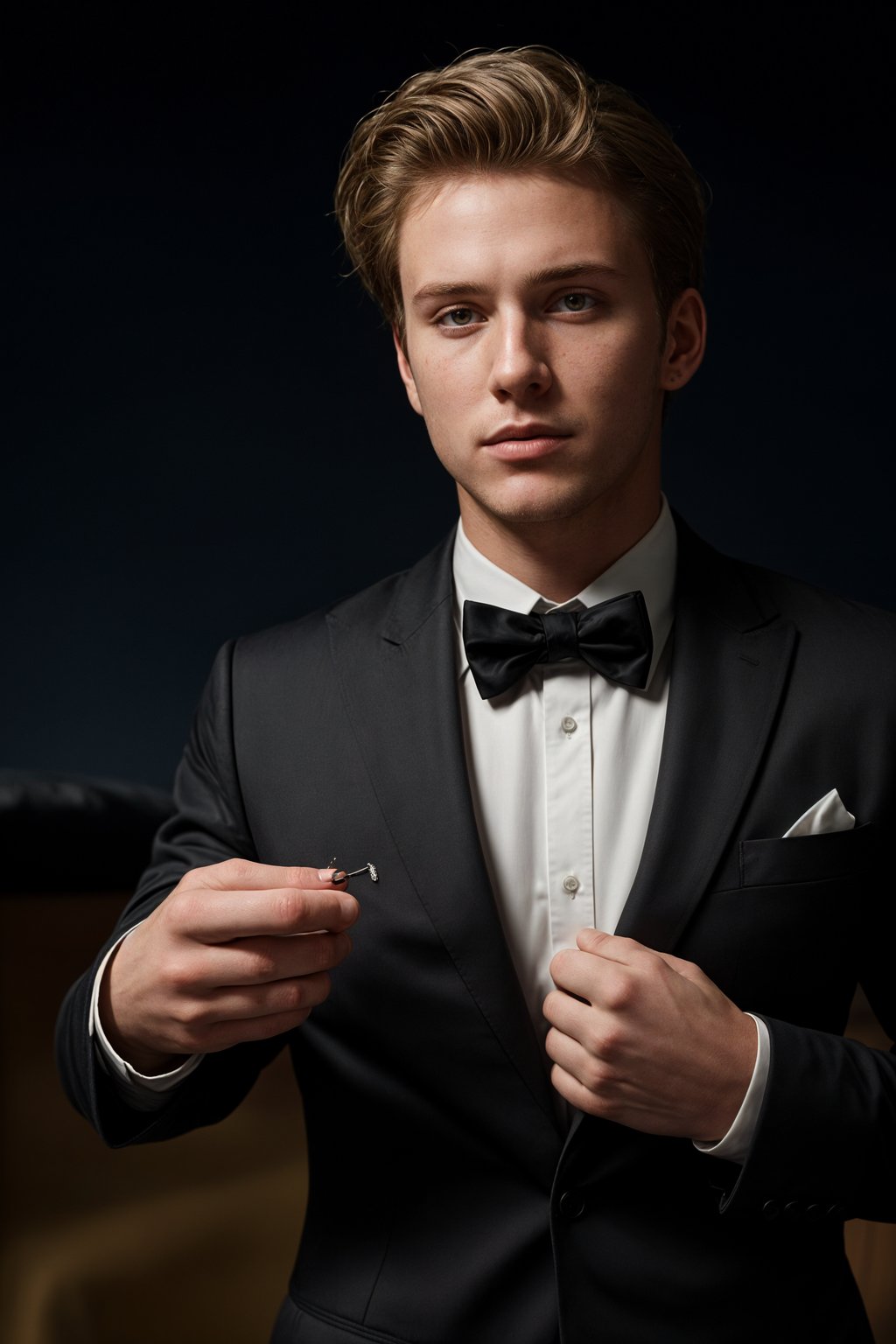 man with magnetic appeal, adorned in  luxurious cufflinks, against a starry night backdrop