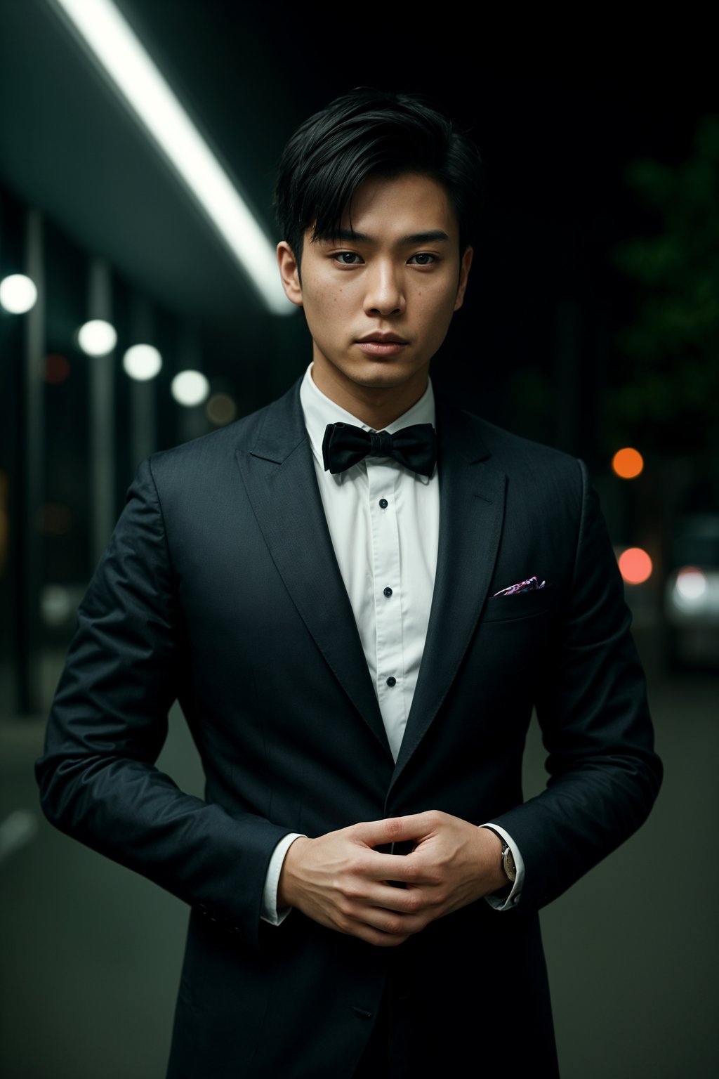 man with enticing gaze, adorned with  sharp, stylish suit against a twilight backdrop