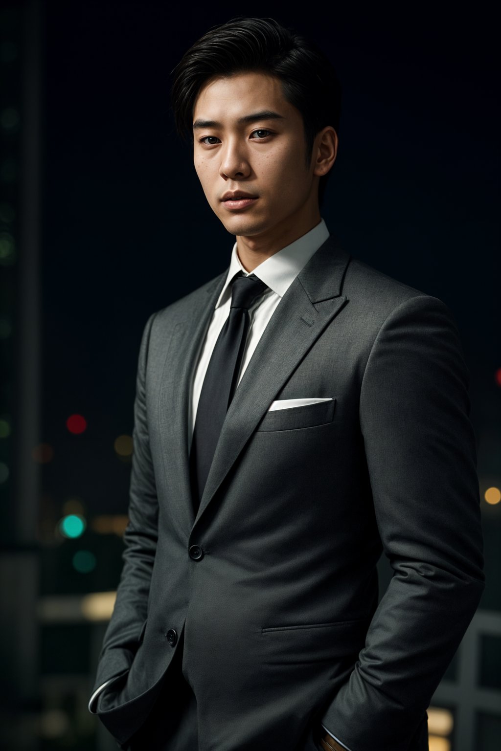 man with enticing gaze, adorned with  sharp, stylish suit against a twilight backdrop