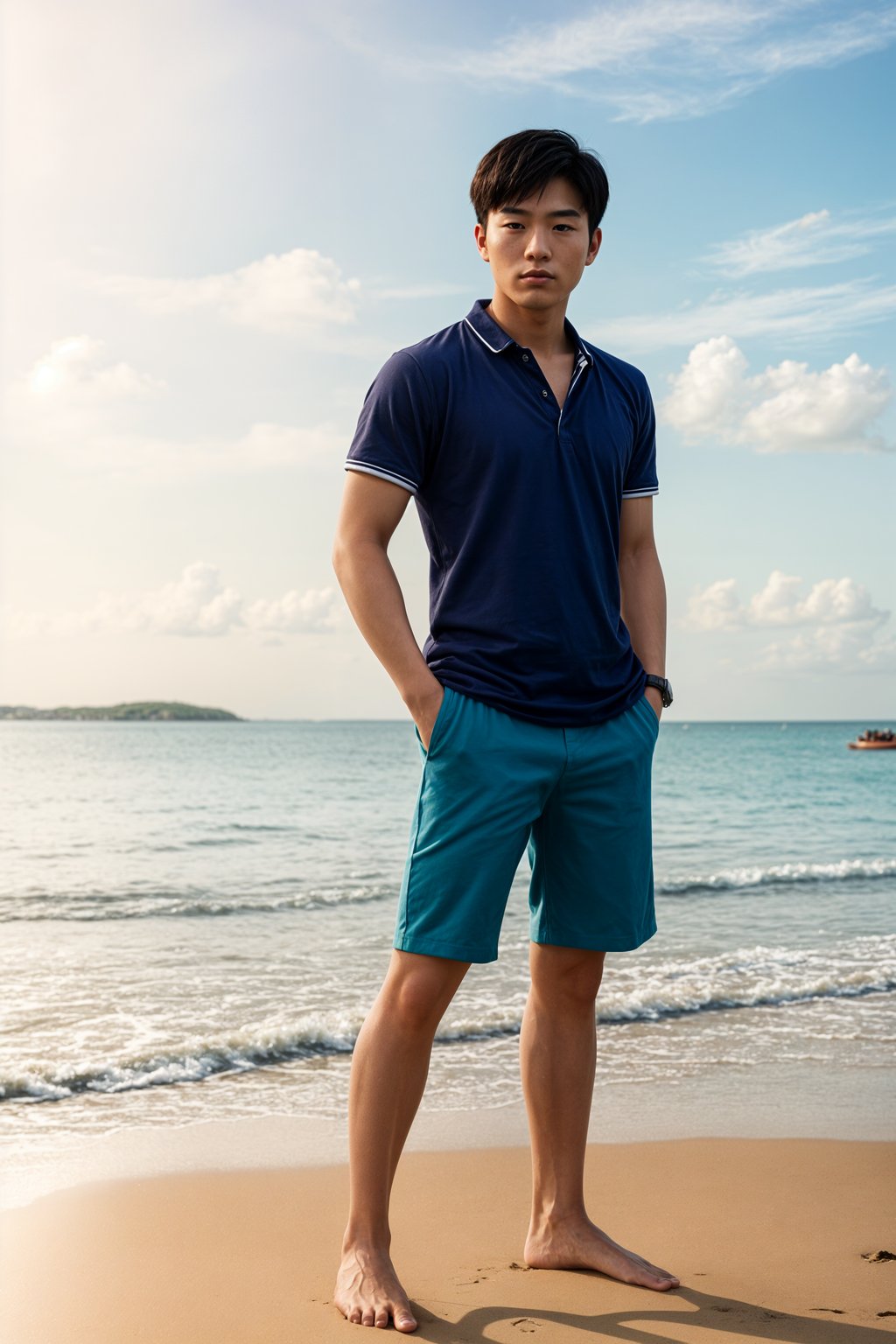 (full-body shot) of man in a  smart casual beach attire, posed against a vibrant beach setting