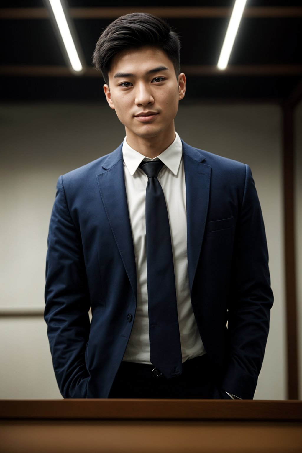 man with a seductive smile, donned in a  classy tie, under warm indoor lighting