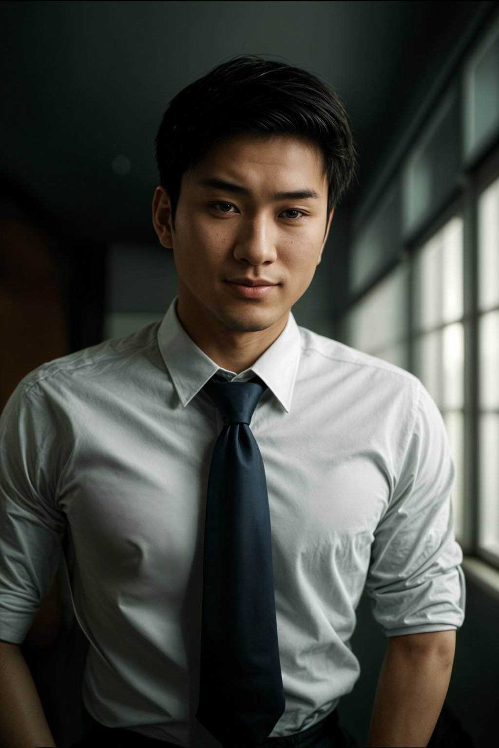 man with a seductive smile, donned in a  classy tie, under warm indoor lighting