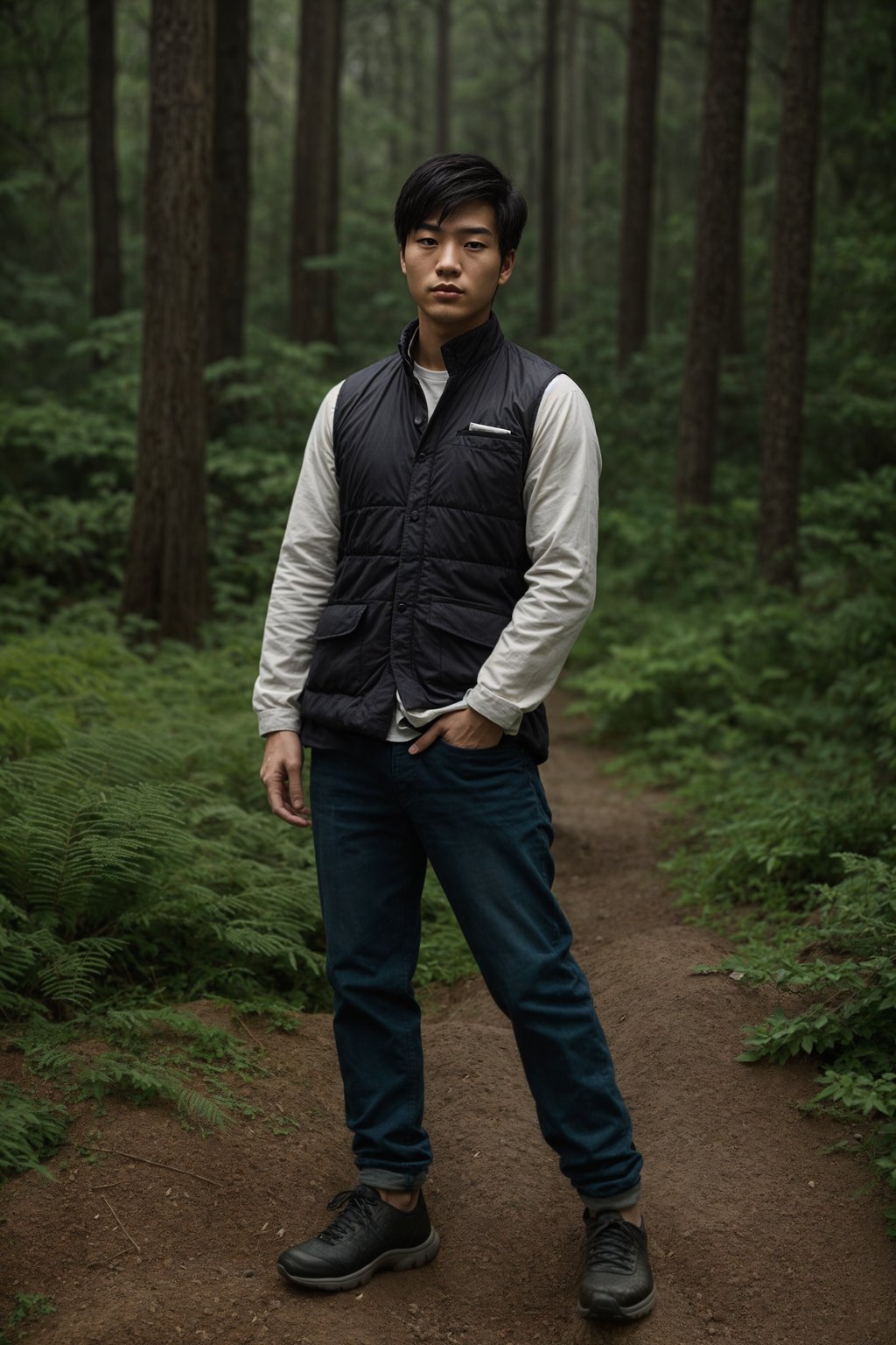 man with enticing allure in  rugged outdoor outfit in a serene forest setting