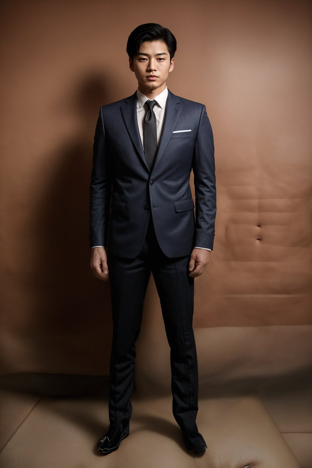 (full-body shot) of man in  sharp, tailored suit against a classic brick wall background