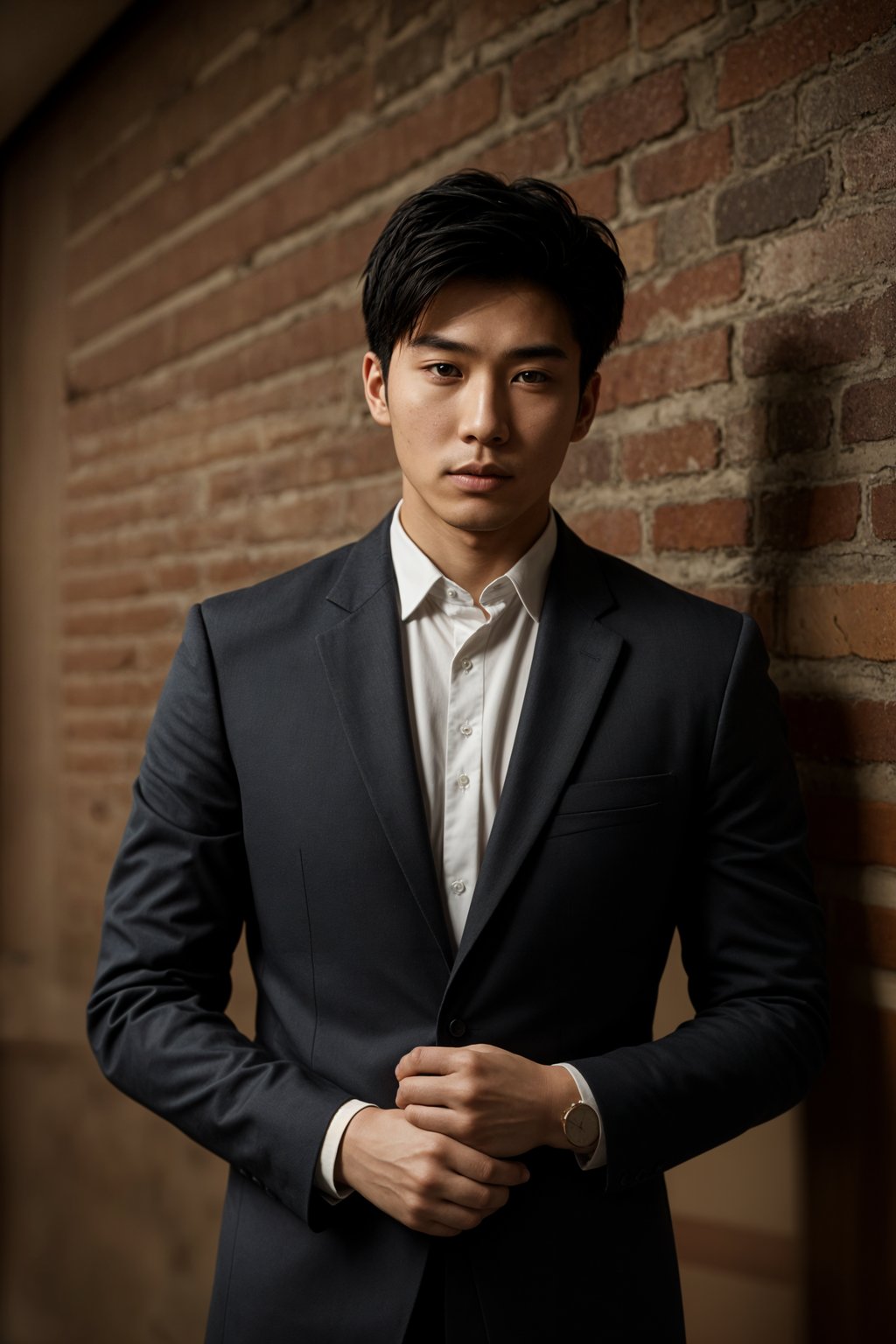 (full-body shot) of man in  sharp, tailored suit against a classic brick wall background