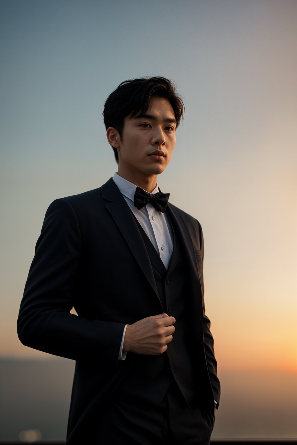 man in  dapper suit, radiating allure under the soft glow of a sunset