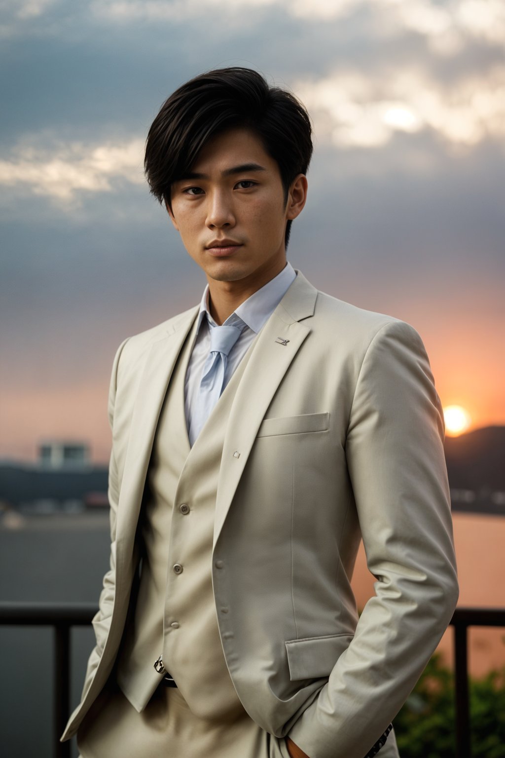 man in  dapper suit, radiating allure under the soft glow of a sunset