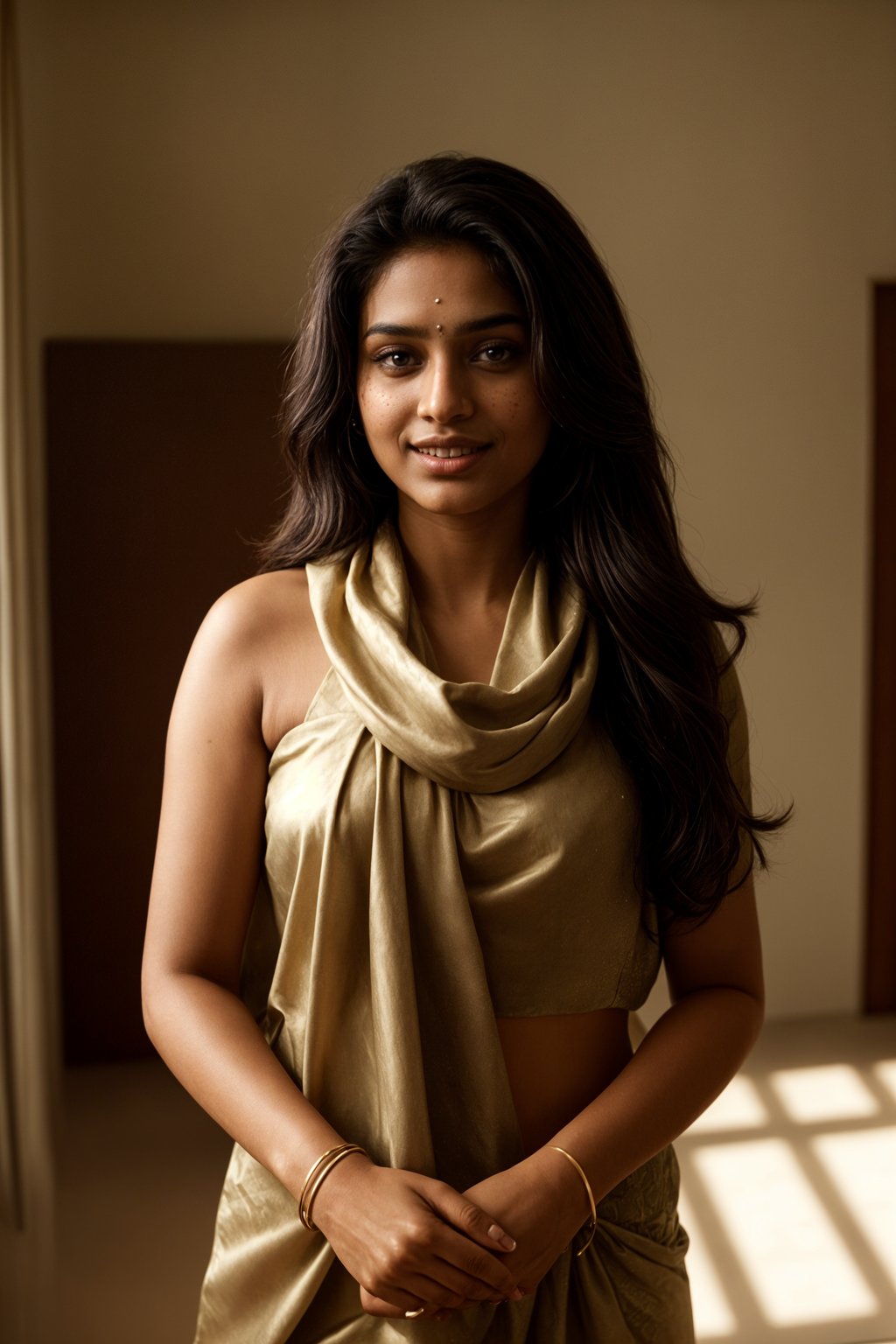woman with a seductive smile, donned in a soft silk scarf , under warm indoor lighting