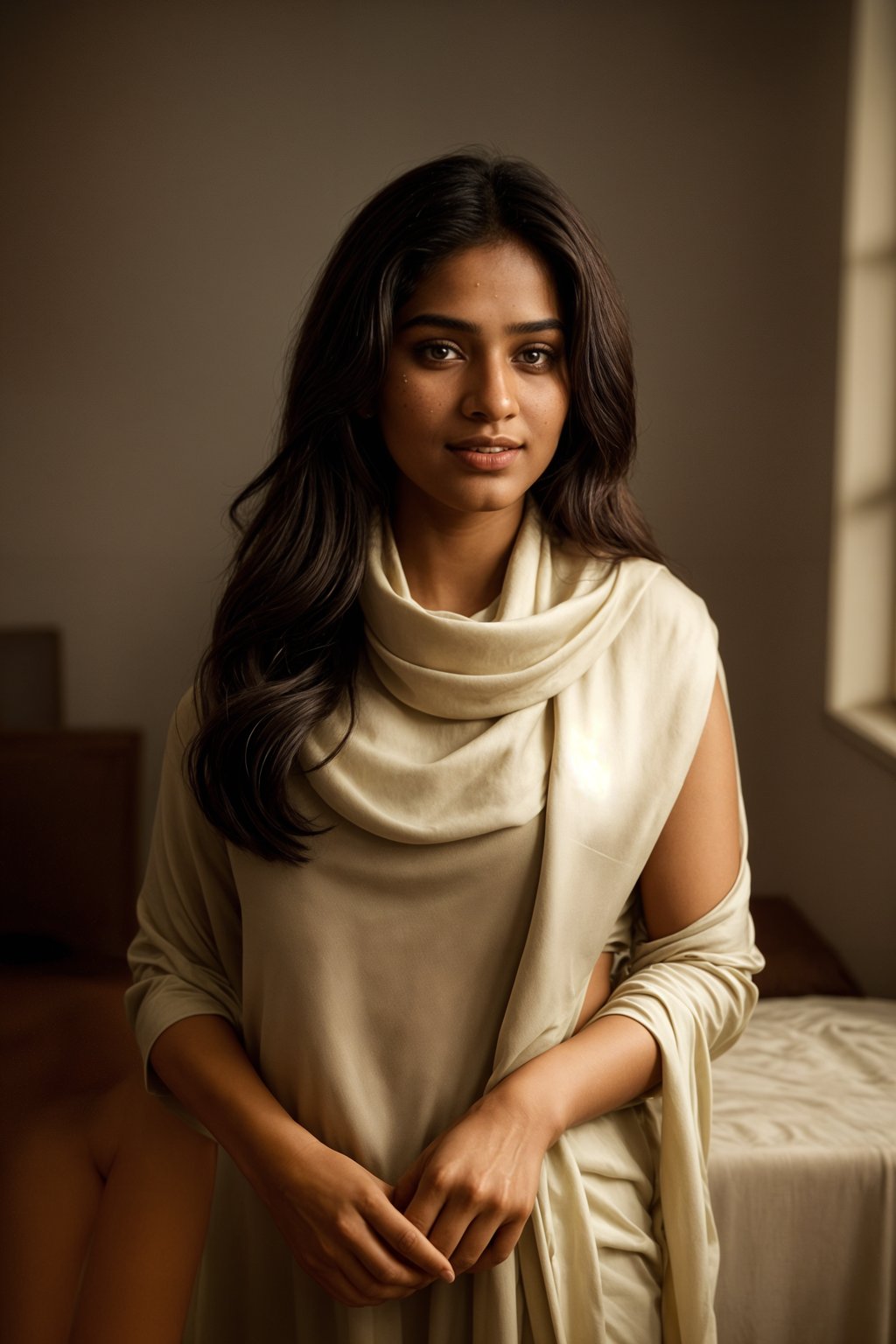 woman with a seductive smile, donned in a soft silk scarf , under warm indoor lighting