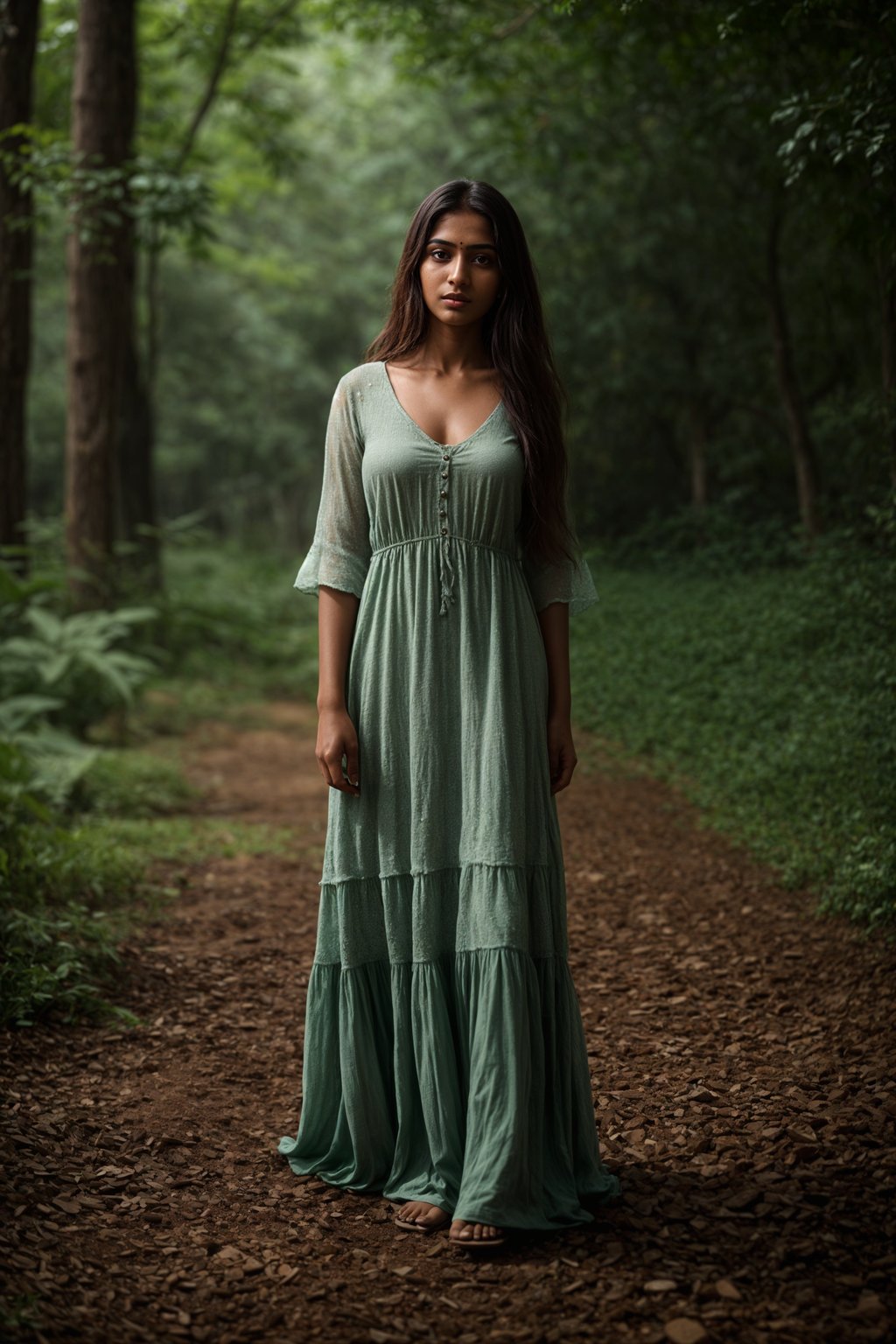 woman with enticing allure in flowy bohemian dress  in a serene forest setting