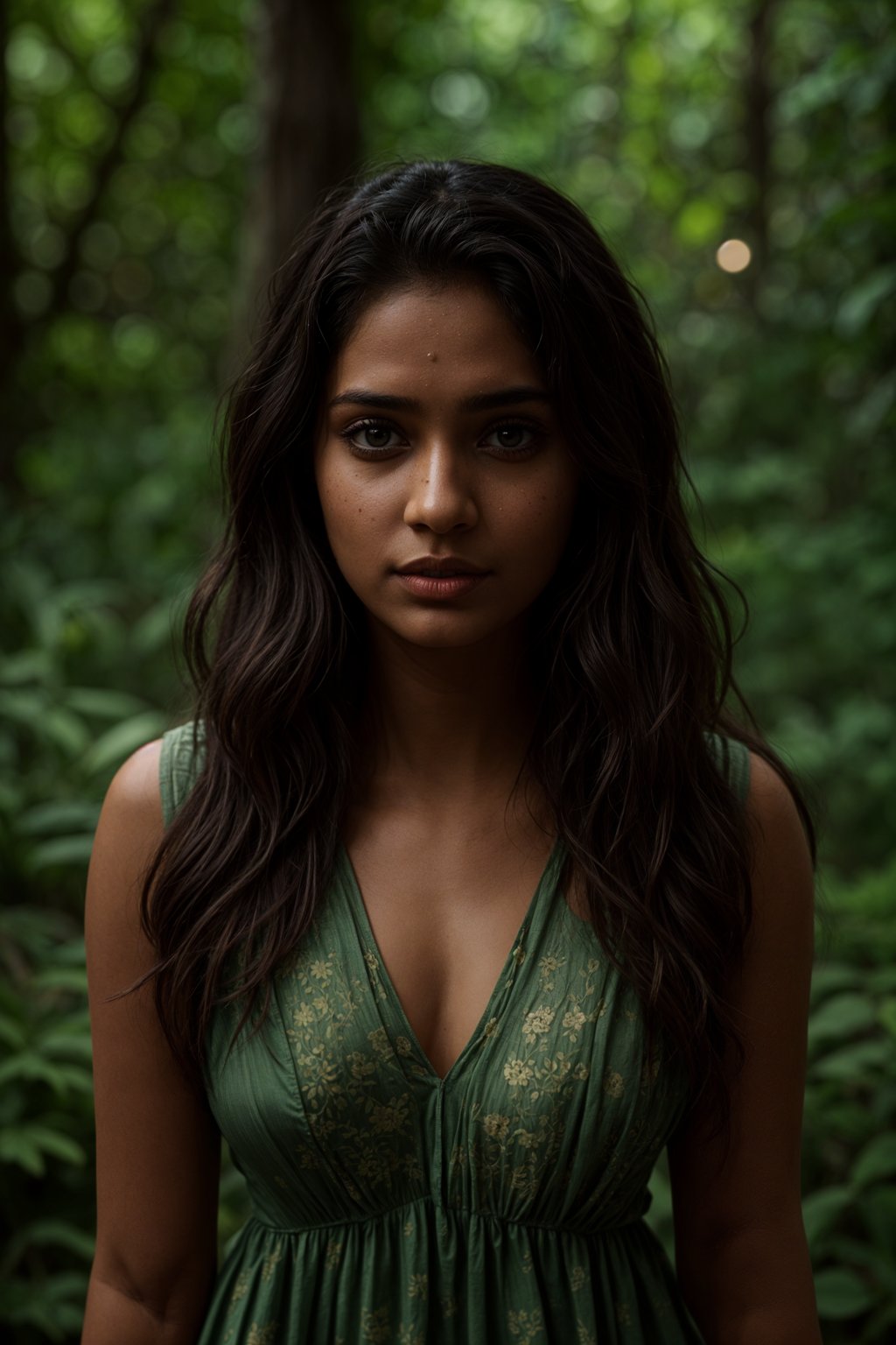 woman with enticing allure in flowy bohemian dress  in a serene forest setting