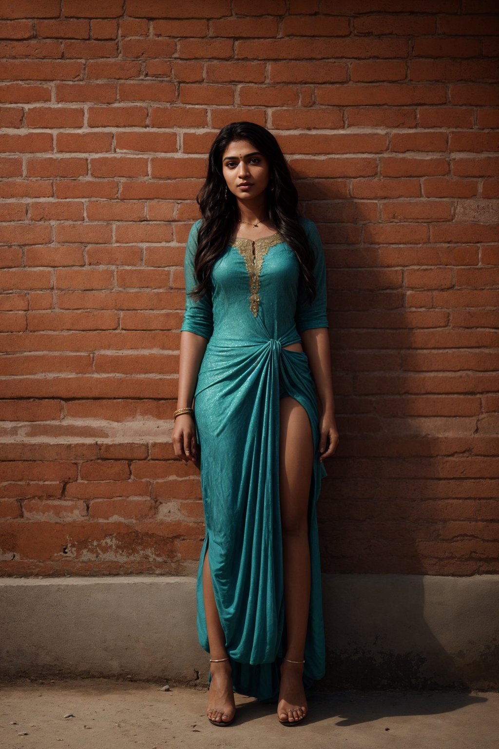 (full-body shot) of woman in bold, fitted dress  against a classic brick wall background