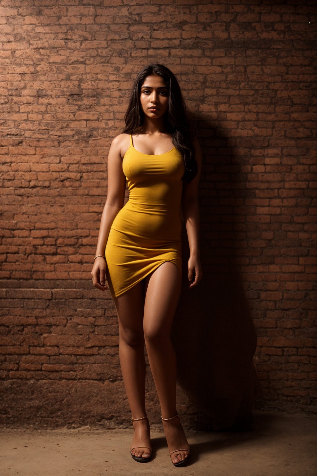 (full-body shot) of woman in bold, fitted dress  against a classic brick wall background