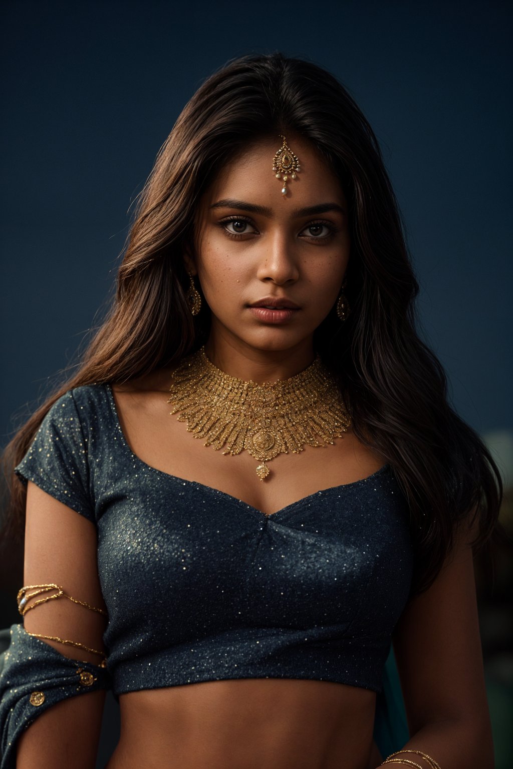 woman with magnetic appeal, adorned in sparkling jewelry , against a starry night backdrop