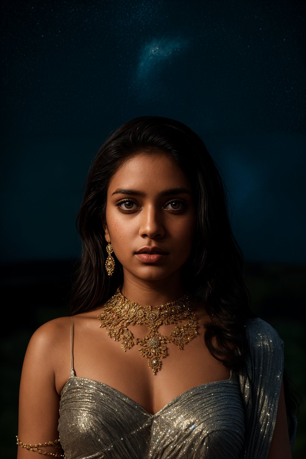 woman with magnetic appeal, adorned in sparkling jewelry , against a starry night backdrop