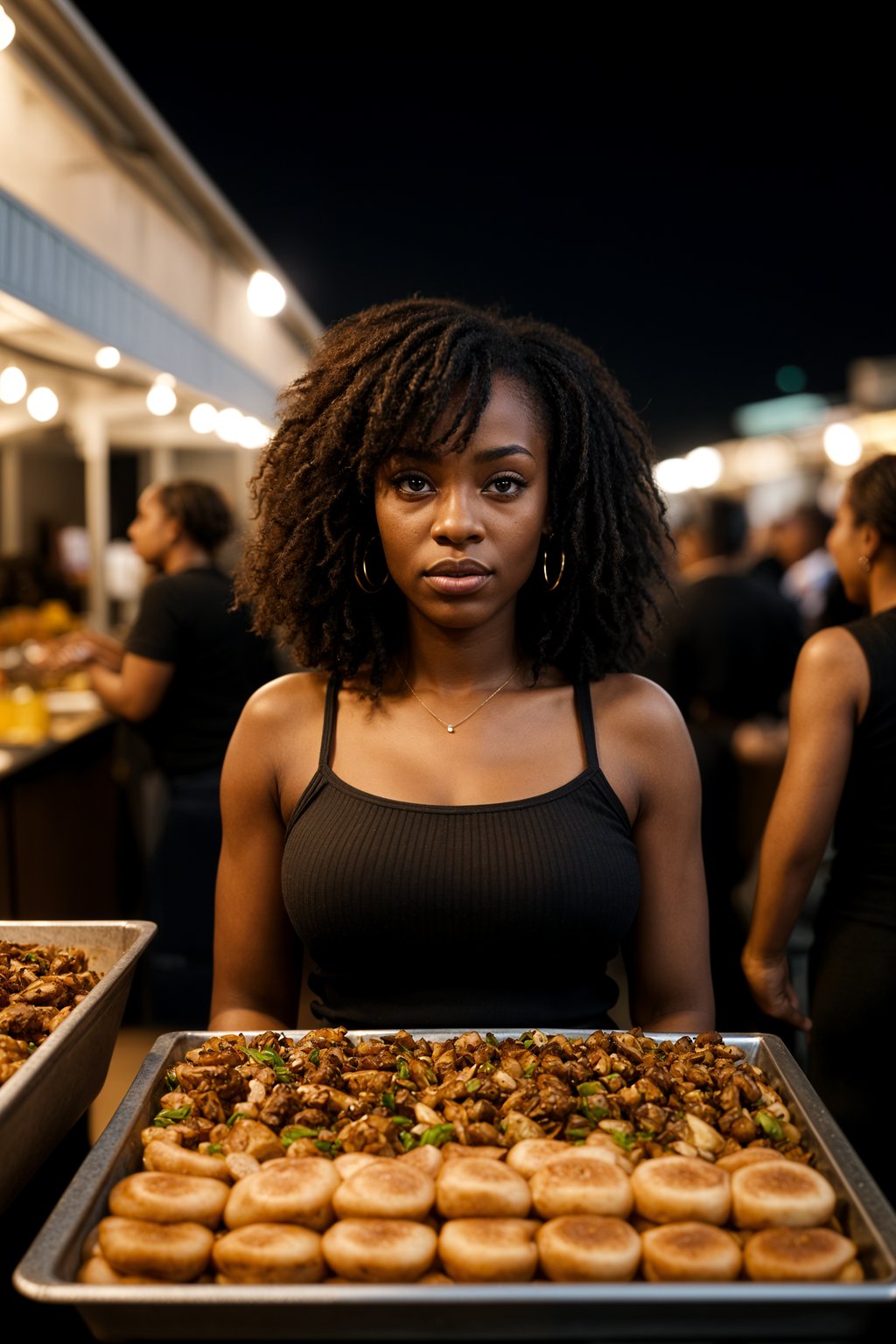 woman at a pop-up food market at night, combining the love for street food with nightlife