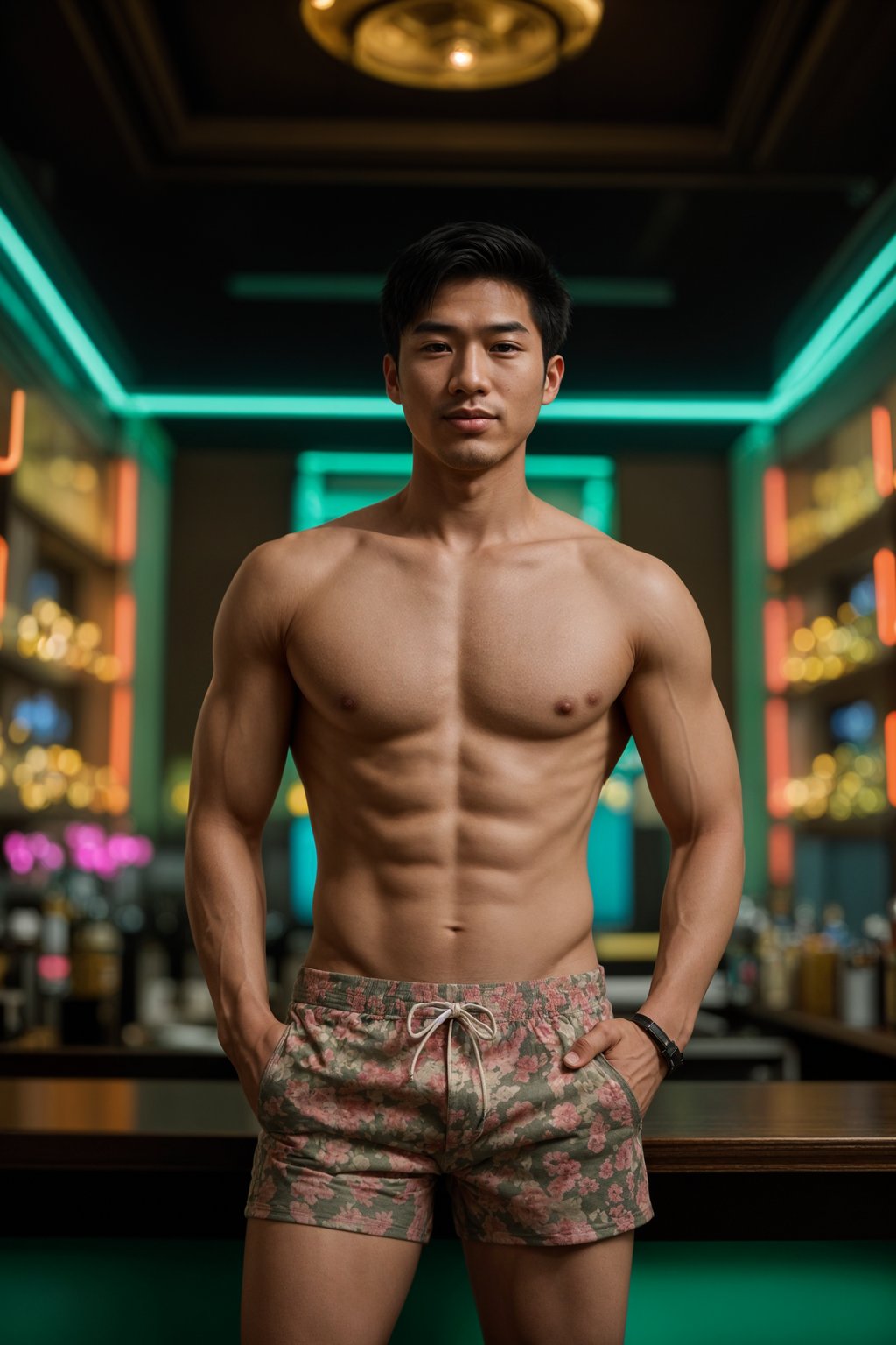 smiling man , fit body in floral silk  swim shorts and shirtless at cocktail bar with neon lights