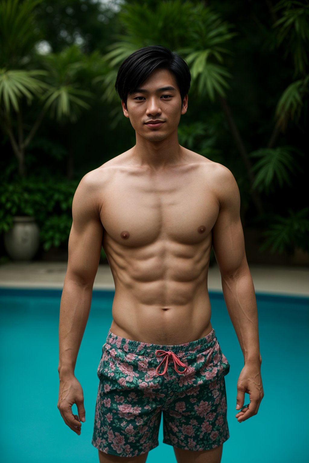 smiling man , fit body in floral silk  swim shorts and shirtless at pool party with neon lights