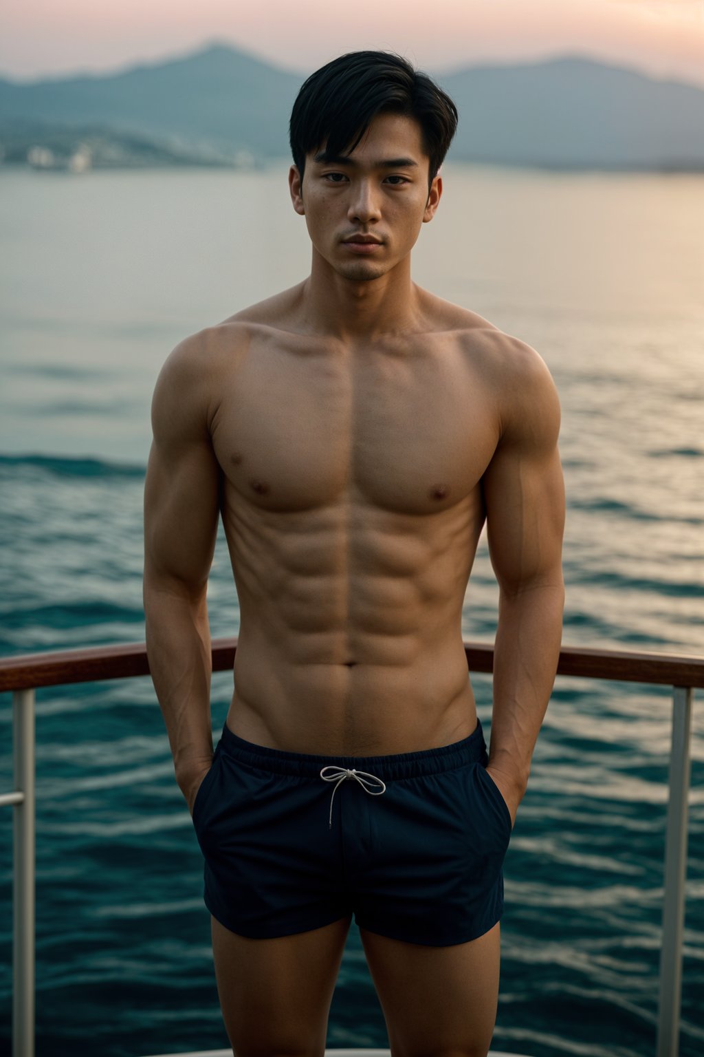 man wearing  shirt and swim shorts at an exclusive yacht party sunset, capturing the essence of luxury and opulence