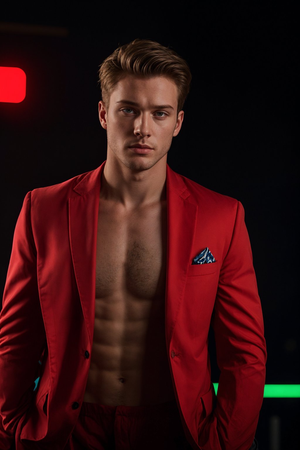 man wearing  (red suit) in night club neon lights