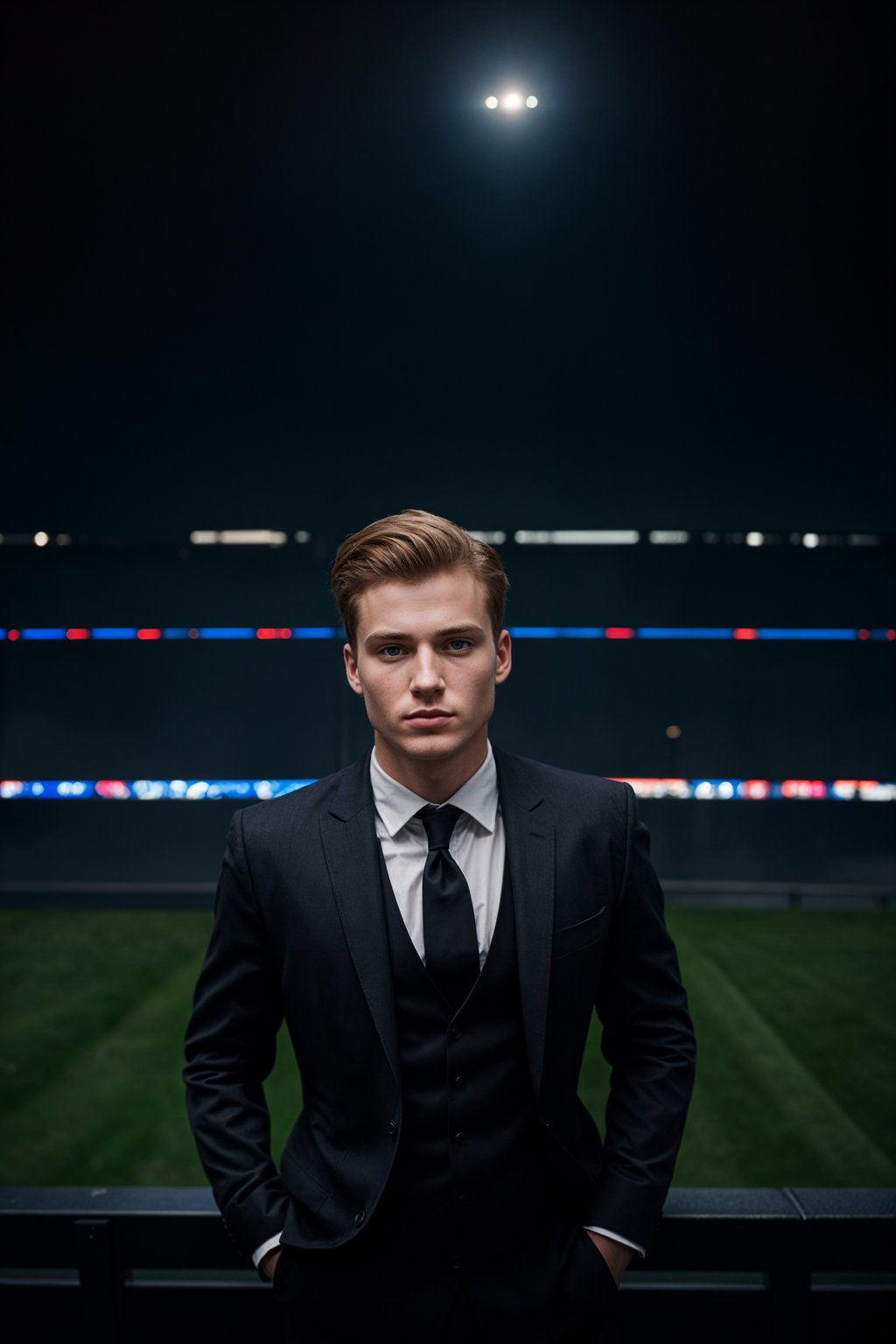 man wearing   black suit in a VIP box at a sporting event at night, capturing the thrill of live sports with nightlife