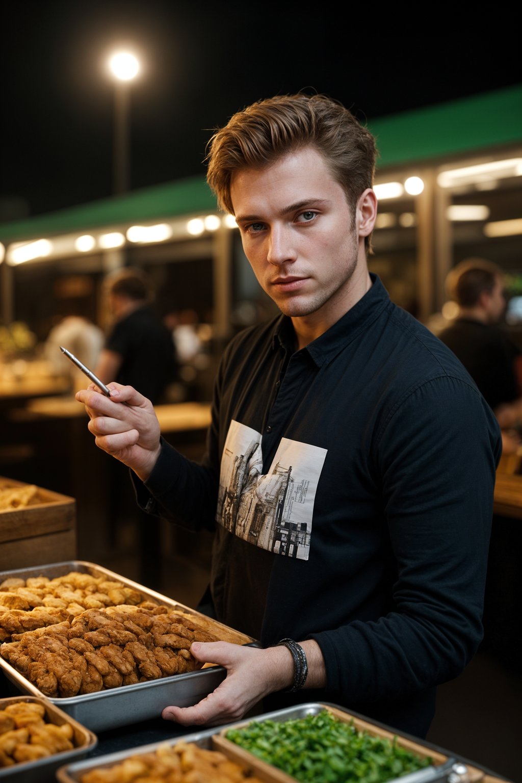 man at a pop-up food market at night, combining the love for street food with nightlife