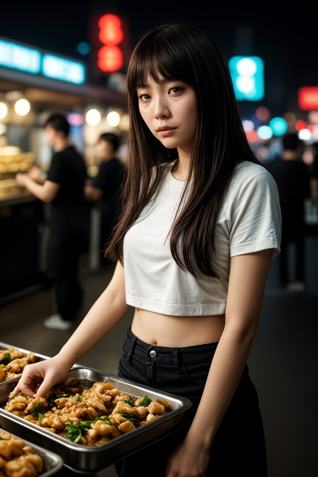 woman at a pop-up food market at night, combining the love for street food with nightlife