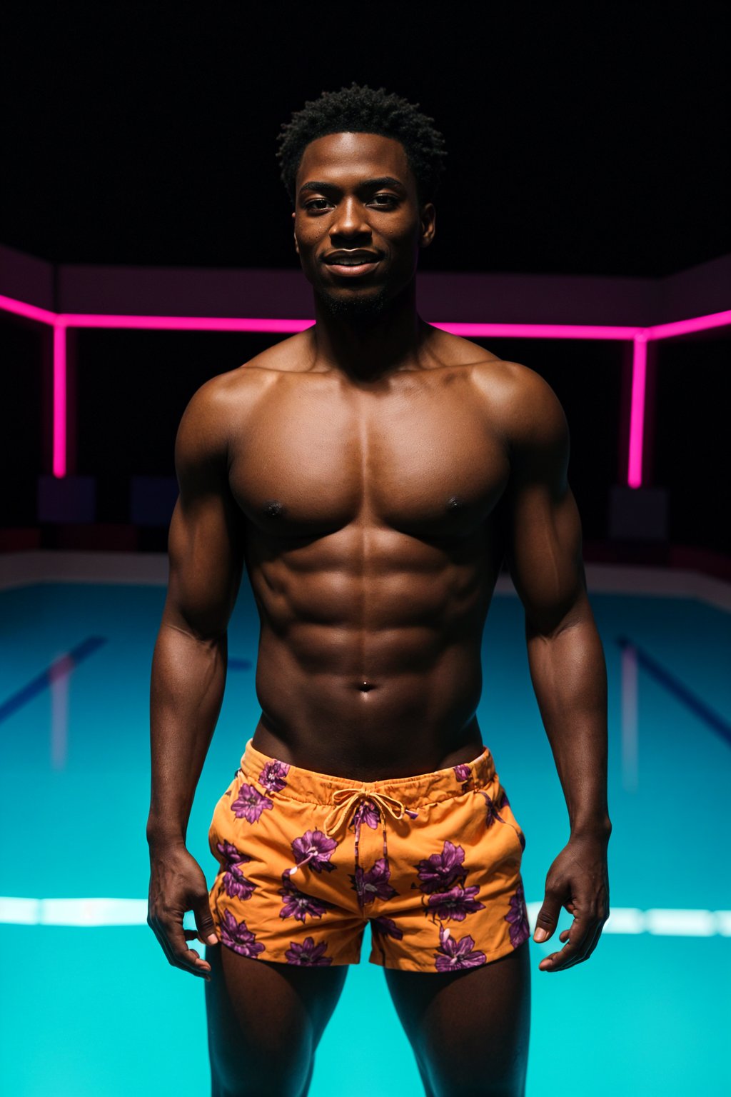 smiling man , fit body in floral silk  swim shorts and shirtless at pool party with neon lights