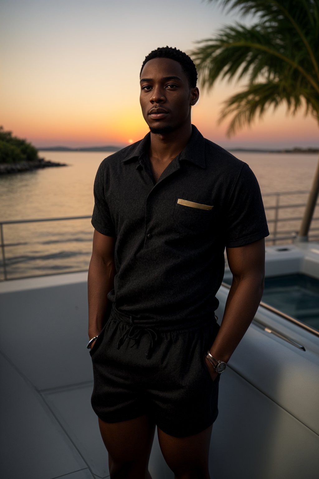 man wearing  shirt and swim shorts at an exclusive yacht party sunset, capturing the essence of luxury and opulence