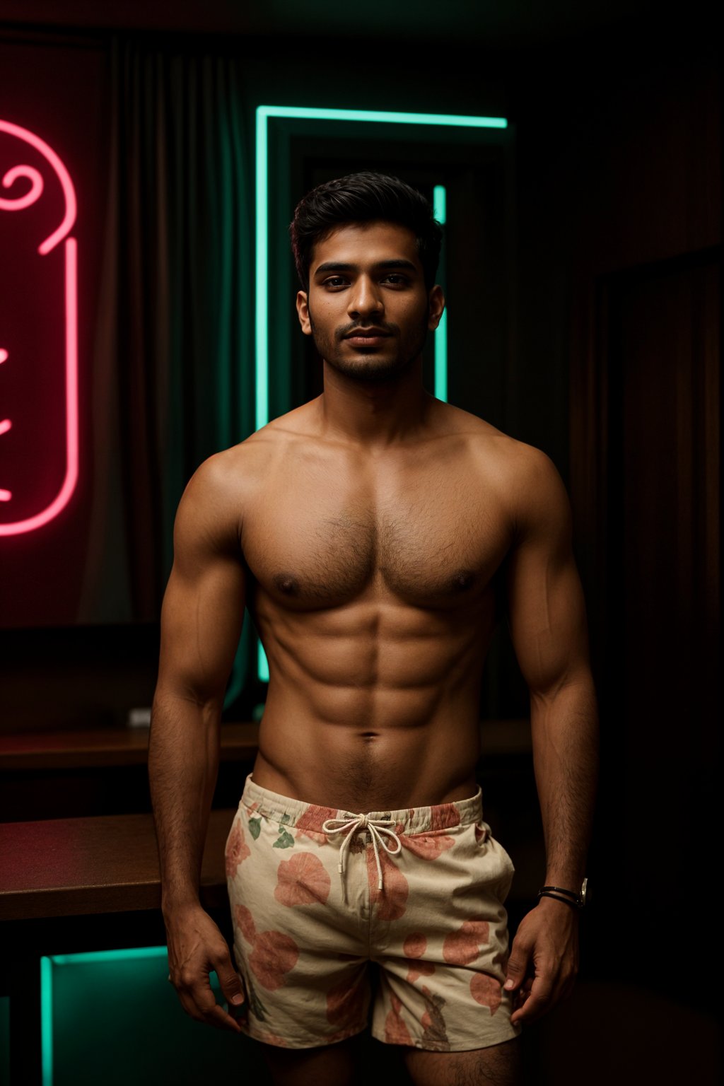 smiling man , fit body in floral silk  swim shorts and shirtless at cocktail bar with neon lights